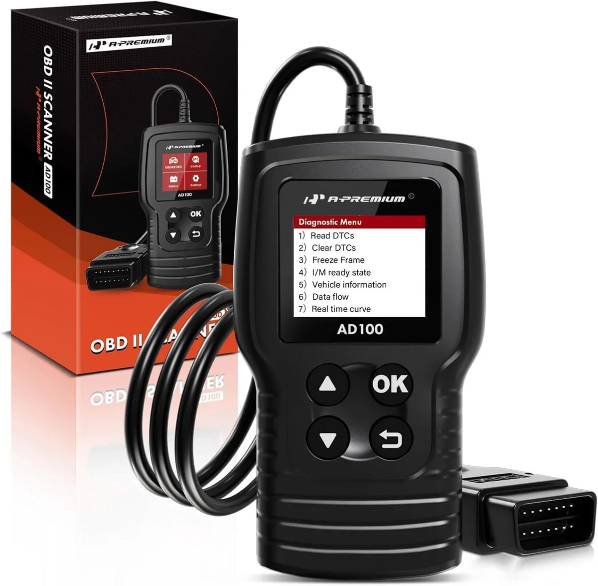 Handheld OBD2 scanner with 1.77-inch screen and 3.3-foot cable