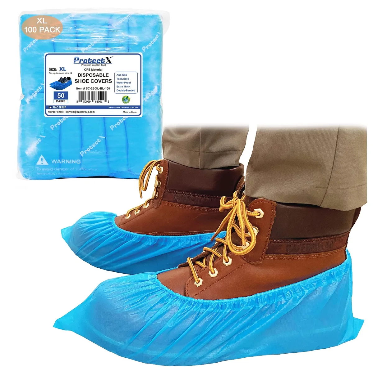 Blue disposable XL shoe covers, 100 pack, textured CPE plastic