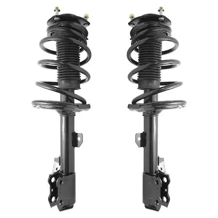 Pair of silver front strut assemblies with coil springs and top mounts