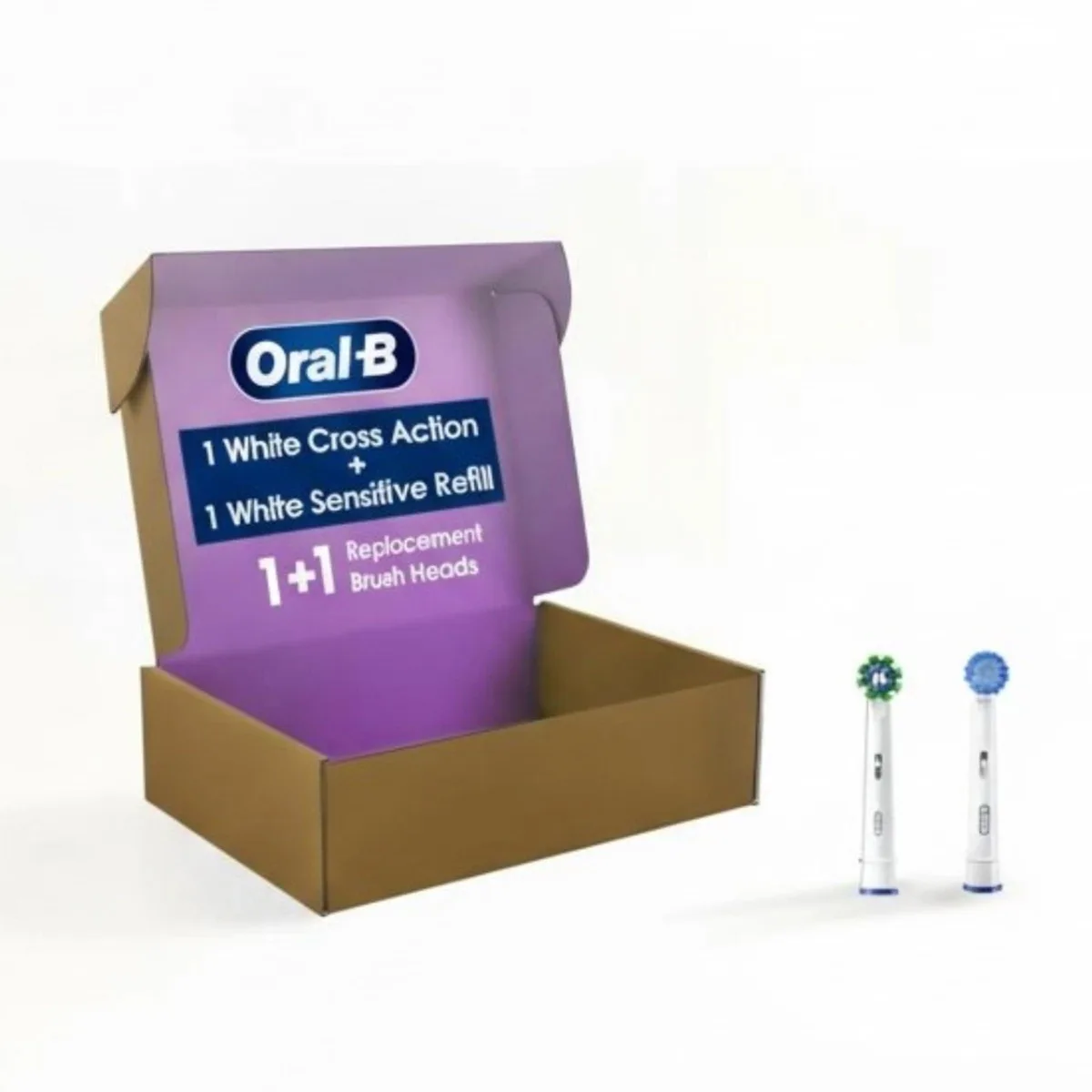 Two white Oral-B brush heads, one CrossAction one Sensitive, round soft bristles