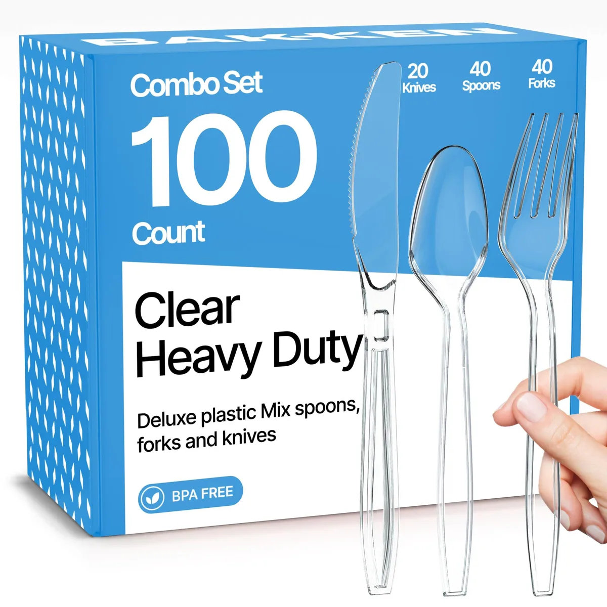 Clear plastic cutlery set, 100 pieces forks knives spoons