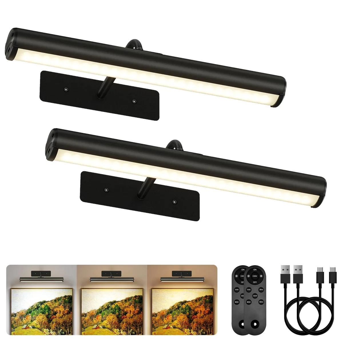Two white cylindrical LED lights with clear prismatic glass, 13inch surface-mount picture light kit
