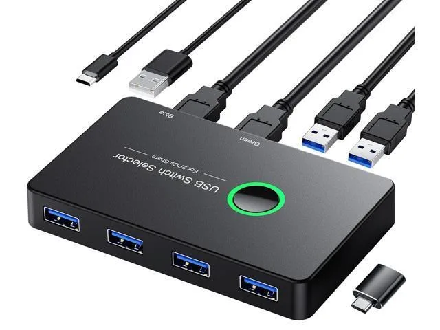 Small black rectangular KVM switch with four USB ports on front and two upstream ports on back