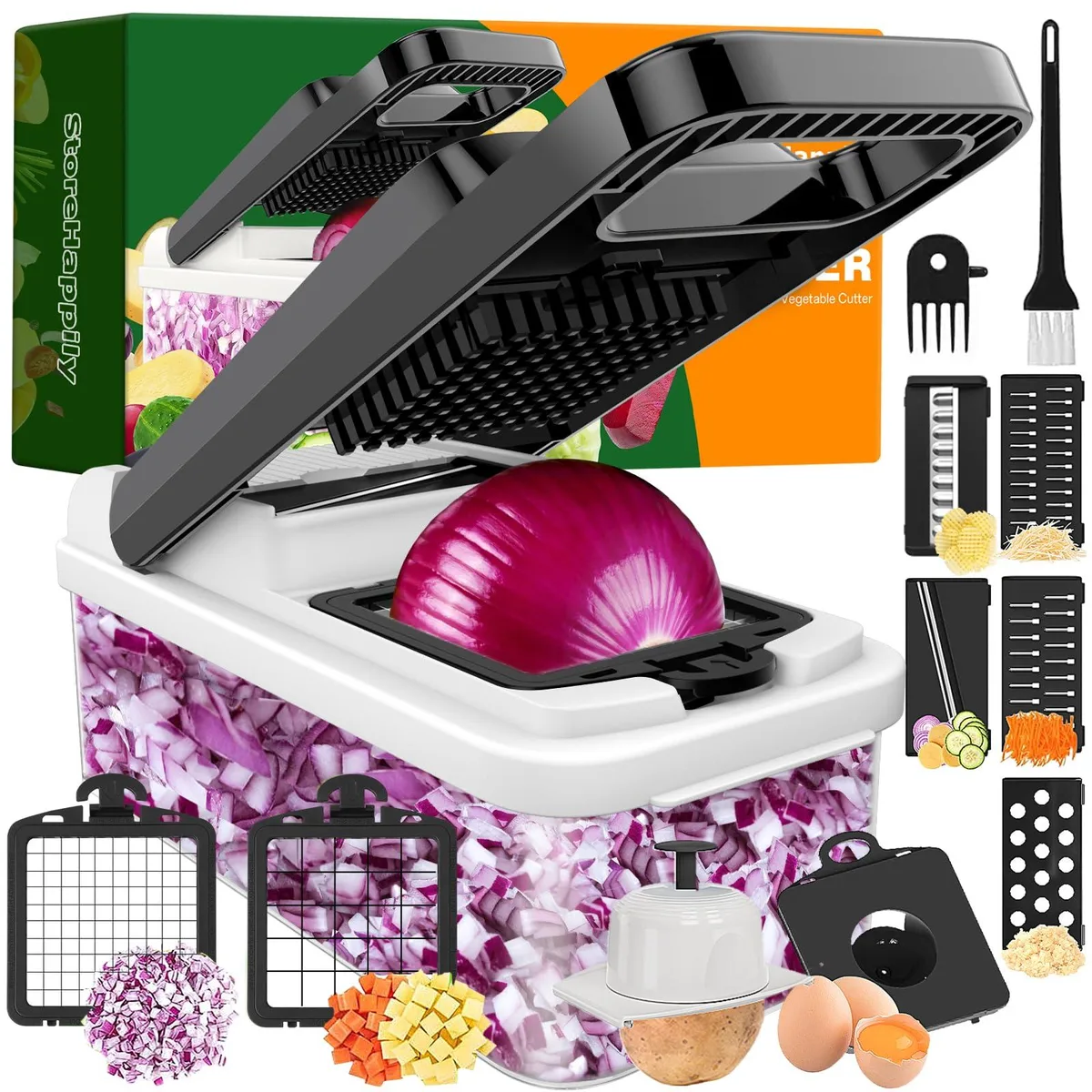  StoreHappily 12-in-1 Vegetable Chopper 7 Blades Black White — product photo