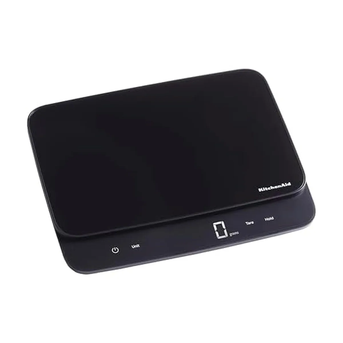 Black KitchenAid KQ917 digital scale with glass top and LED display
