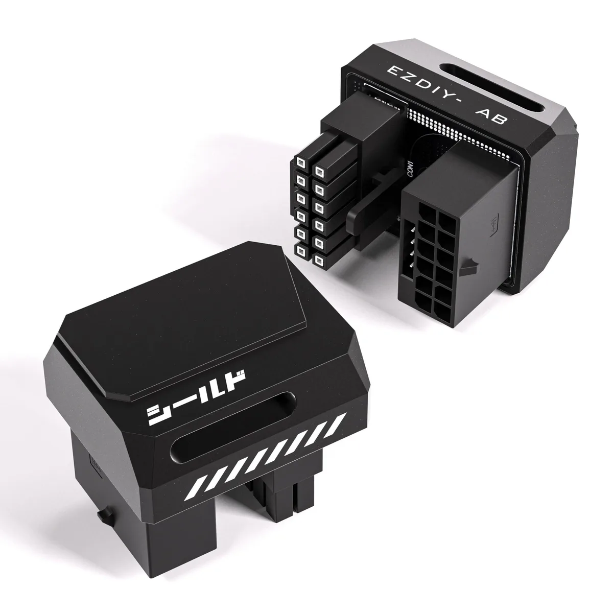Black right-angle 12VHPWR GPU power adapter with aluminium housing