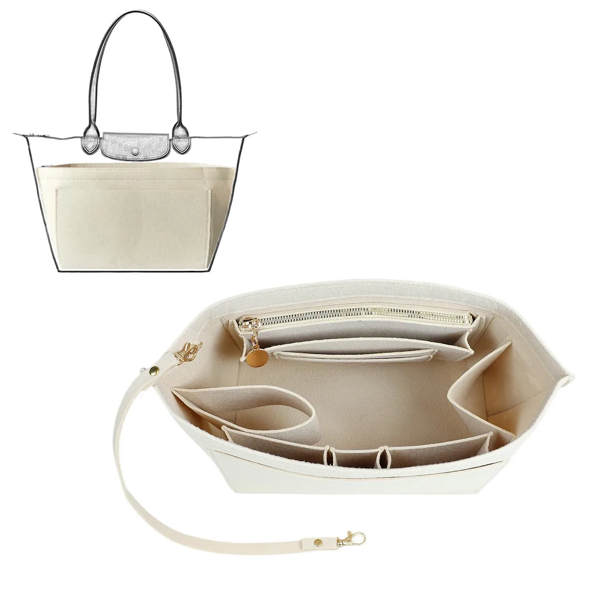 Beige felt bag organizer insert with multiple pockets and zippered compartment