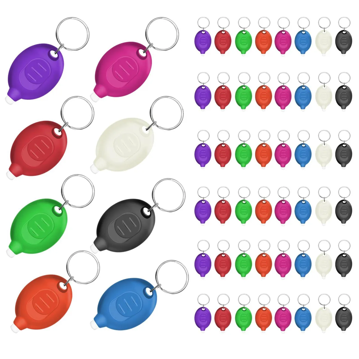Forty-eight tiny multicolour plastic LED keychain flashlights with slide switches