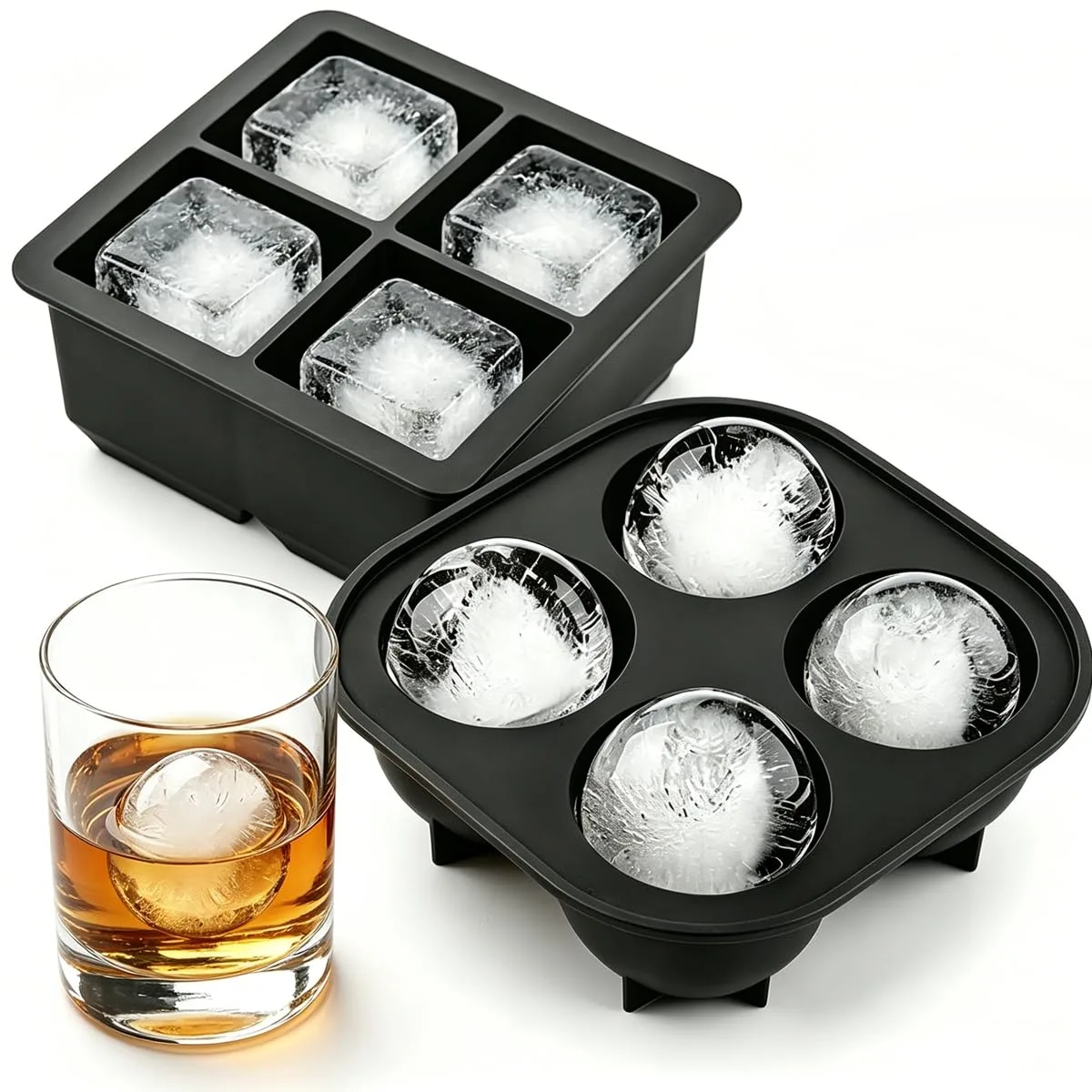 Two black silicone ice trays, one with four sphere moulds and one with four large square moulds, each with a lid