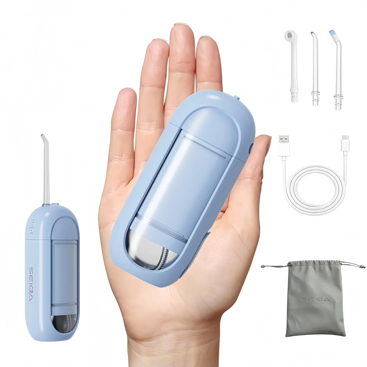 Compact blue cordless water flosser with 150ml tank and multiple tips