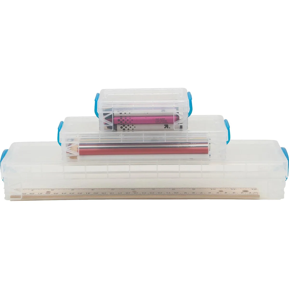 Three clear plastic stackable boxes with blue snap-lock handles, varying sizes for crayons pencils and ruler
