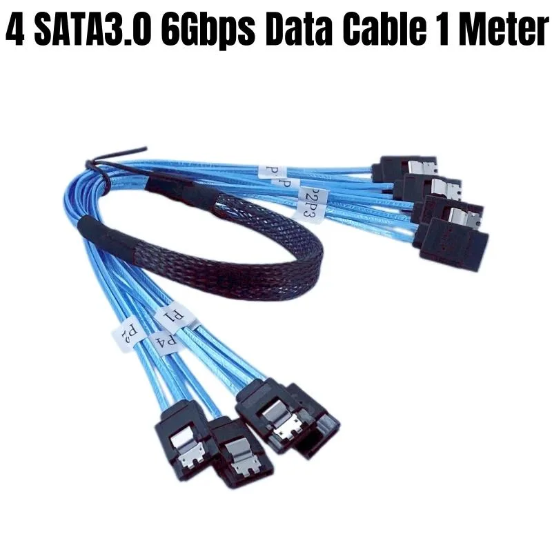 Eight blue SATA cables with straight 7-pin connectors, half-metre length