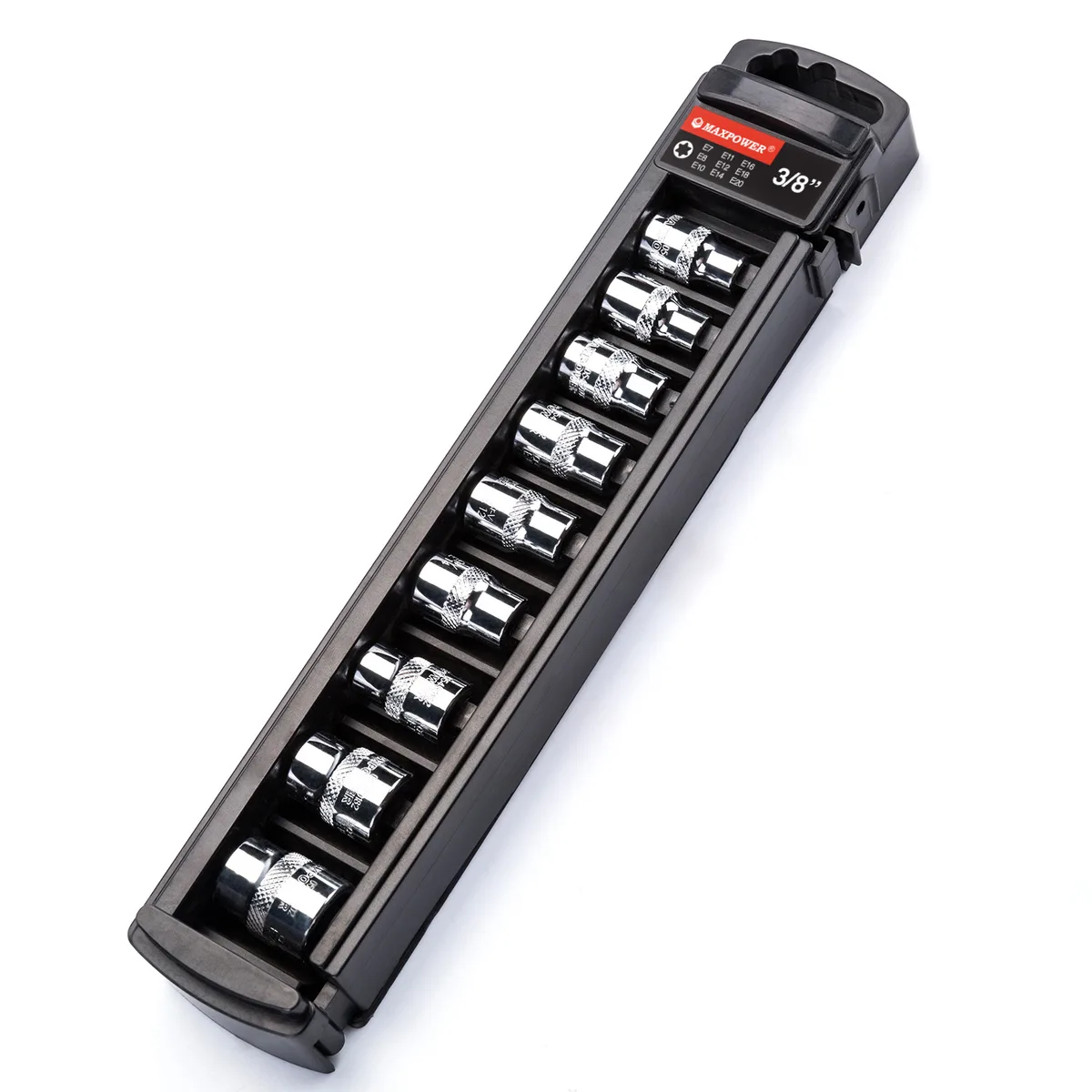 Nine chrome vanadium E-Torx sockets on a compact rack