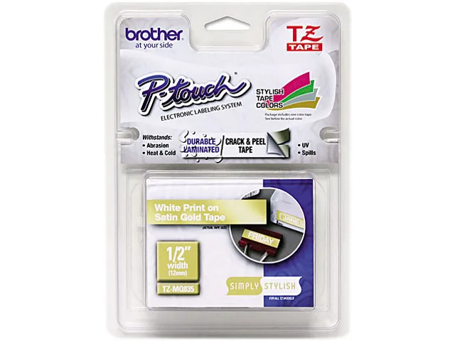 Brother Brother TZEMQ835 12 mm White on Satin Gold tape 5 m pos accessory — product photo