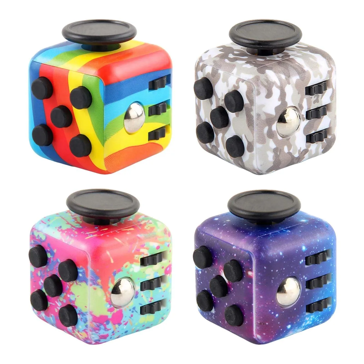 Four small plastic cubes with textured sides in a storage bag