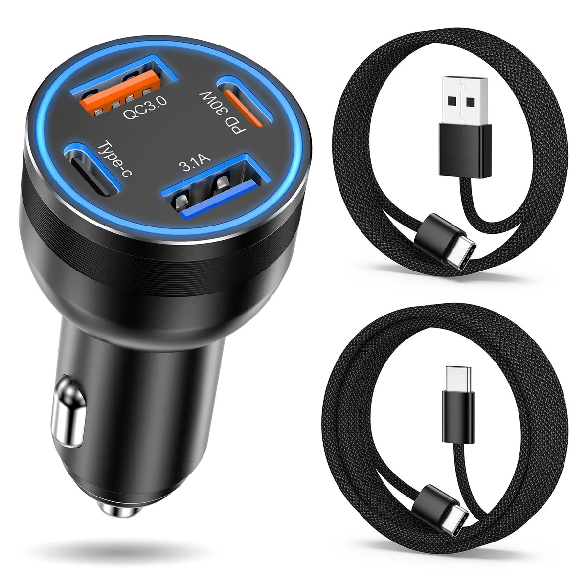 Black compact car charger with four USB ports and two cables included