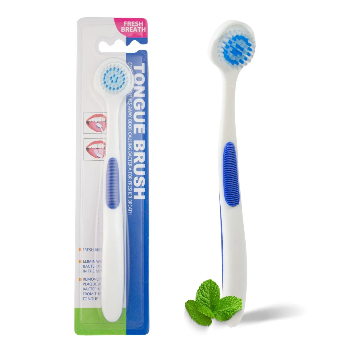 White plastic tongue brush with ergonomic handle and firm bristles