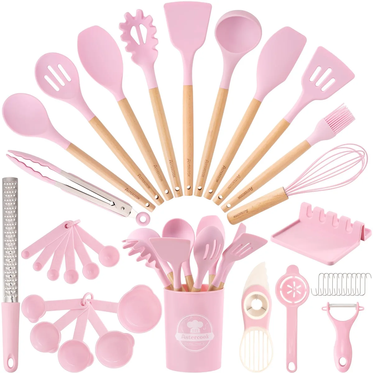 Pink silicone cooking utensil set with wooden handles, 39 pieces displayed
