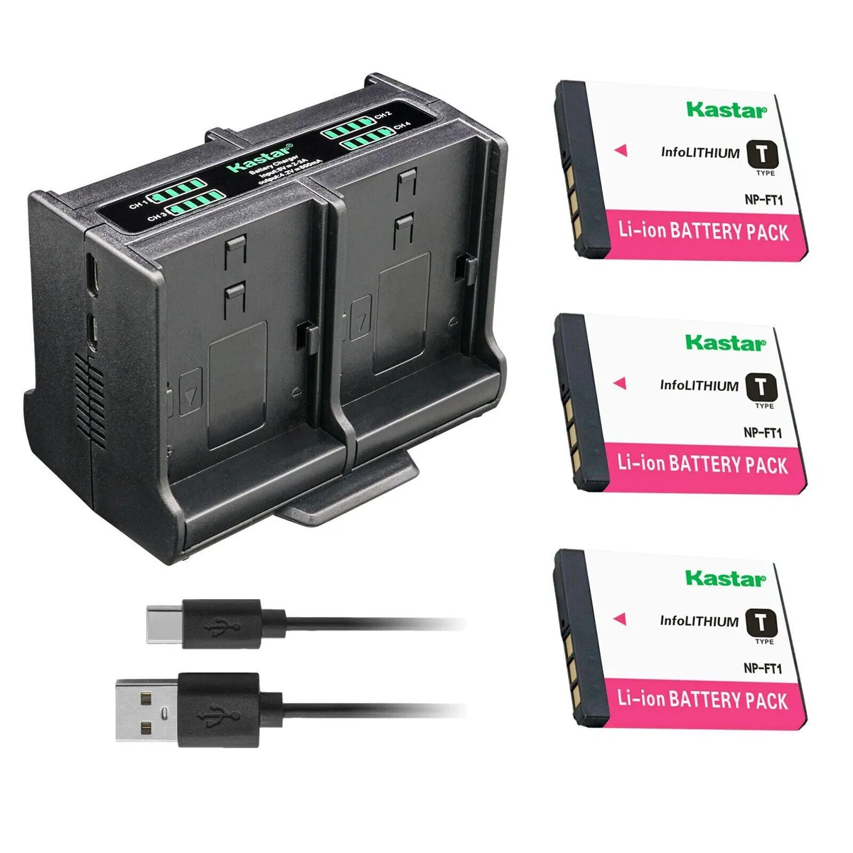 Kastar Kastar 3-Pack NP-FT1 Battery &amp; Quadruple Charger — product photo