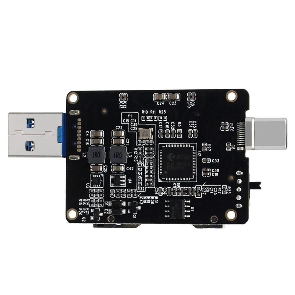 Compact CFexpress Type-B reader with USB-C and USB-A ports, gold connectors and a selector switch