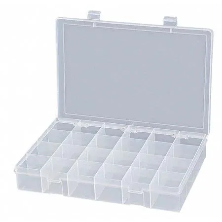 Clear plastic rectangular compartment box with 24 sections and snap closure