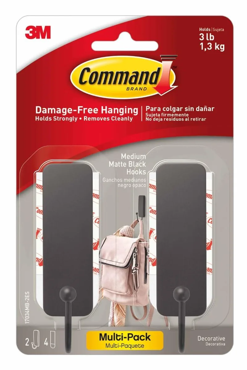 Two matte black coat hooks with four adhesive strips
