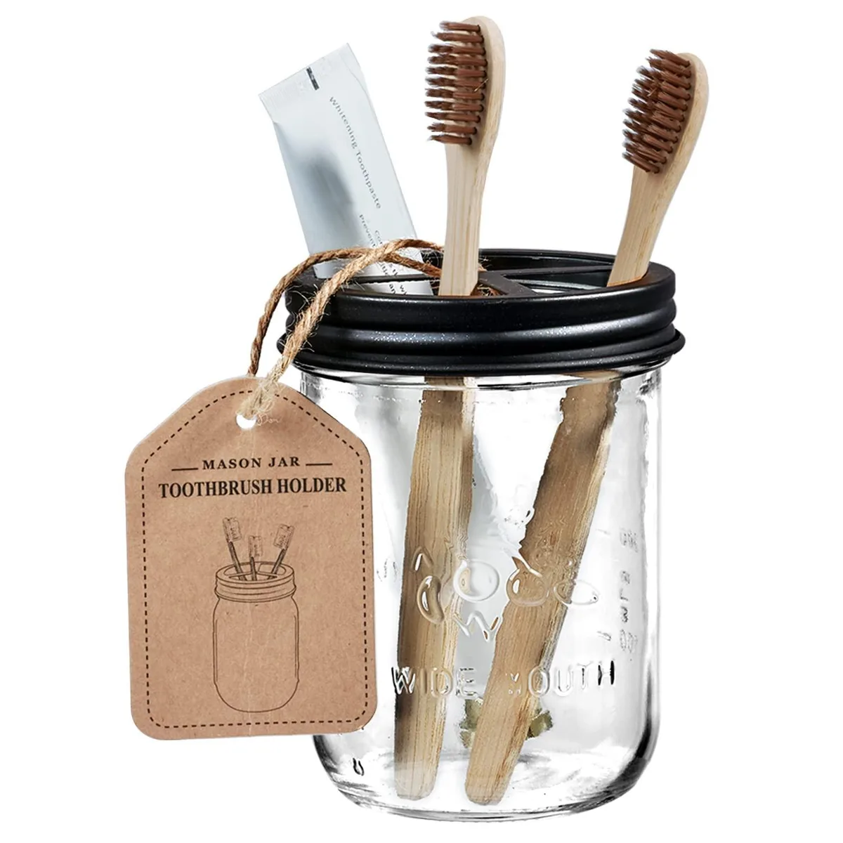 Black mason jar toothbrush holder with stainless steel lid, three compartments, 3x3x4.7 inches