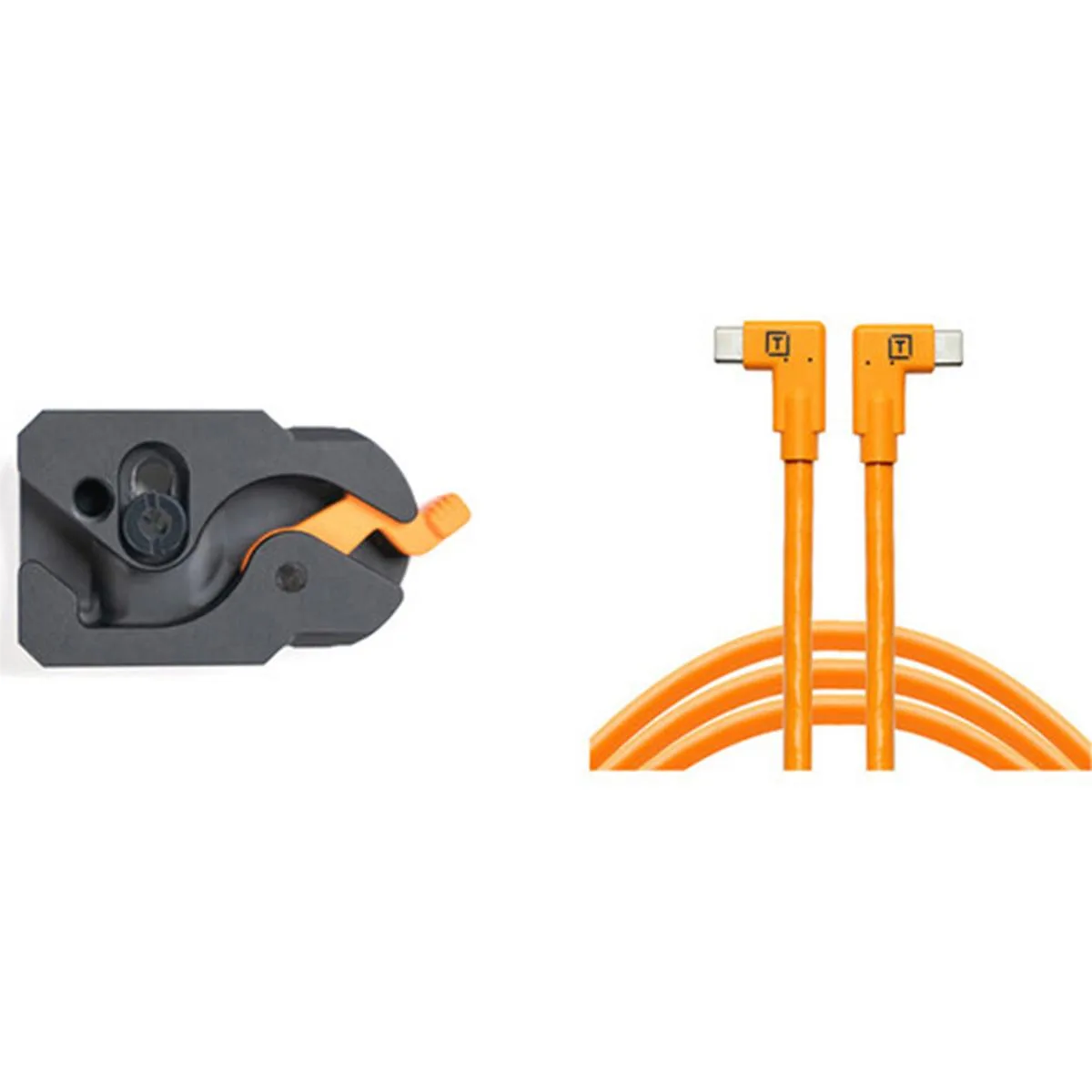 Tether Tools Tether Tools TetherGuard LeverLock Plate &amp; 15' USB-C Dual Right Angle Cable, Orange — product photo