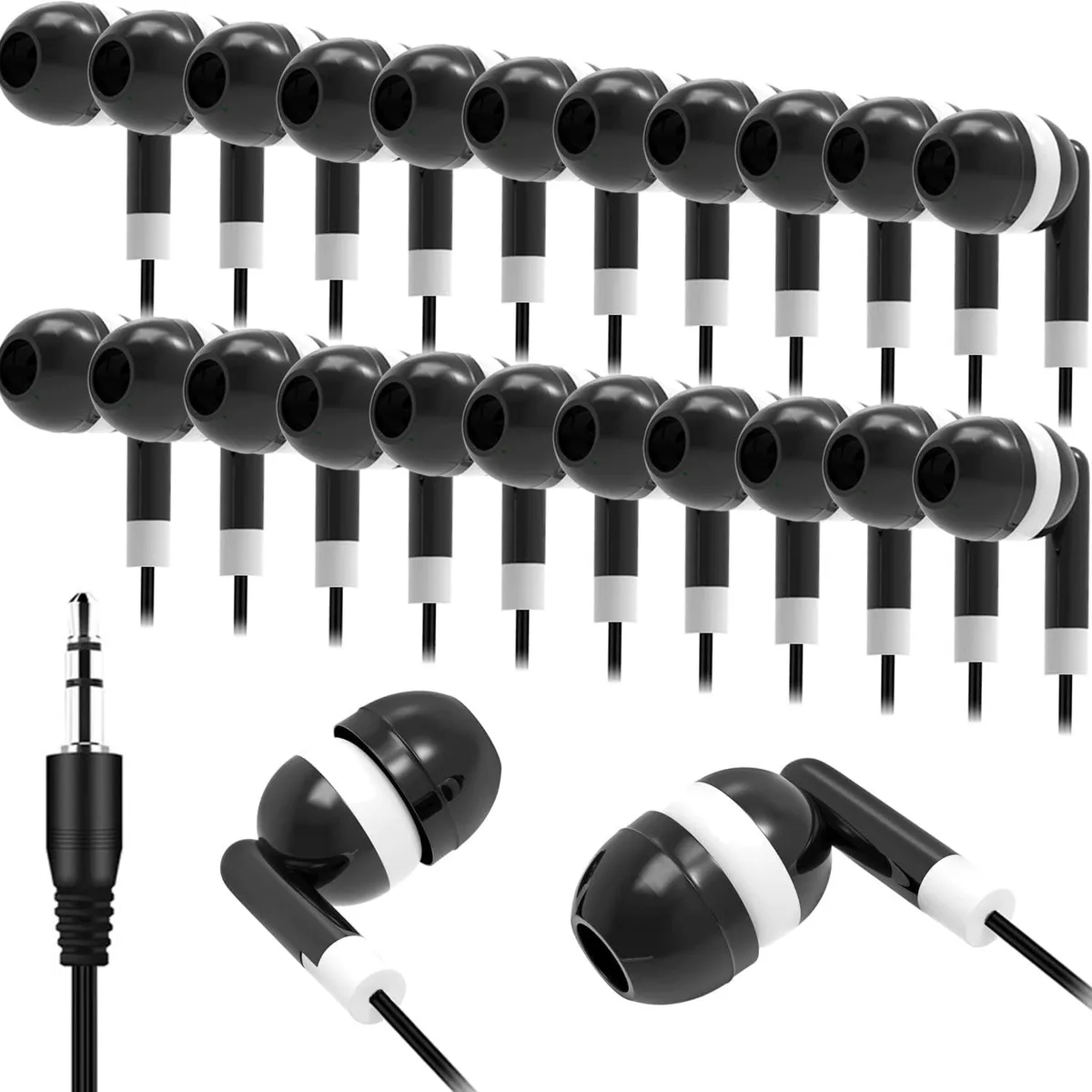 Box containing one hundred black wired earbuds