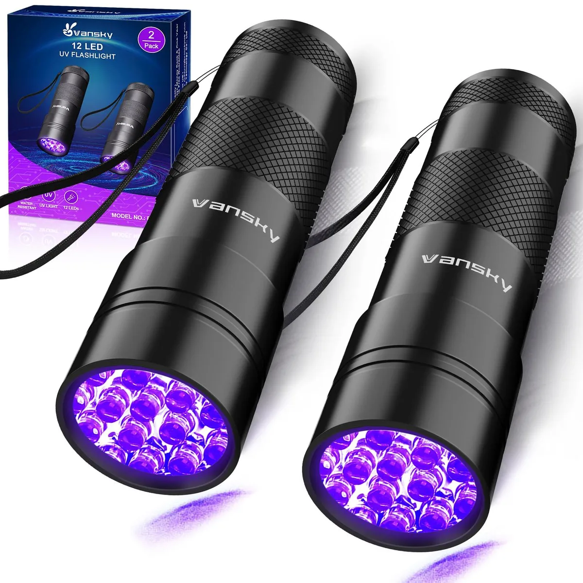 Two black aluminium UV flashlights with 12 LEDs each, pocket size