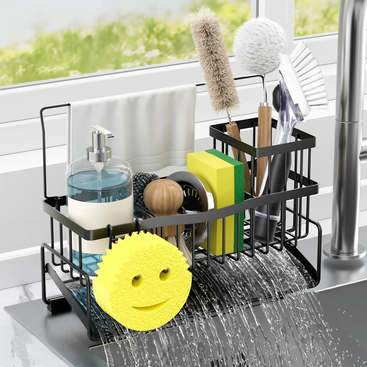 Black stainless steel sink caddy with sloped drainage, brush holder, towel bar and smiley sponge hook