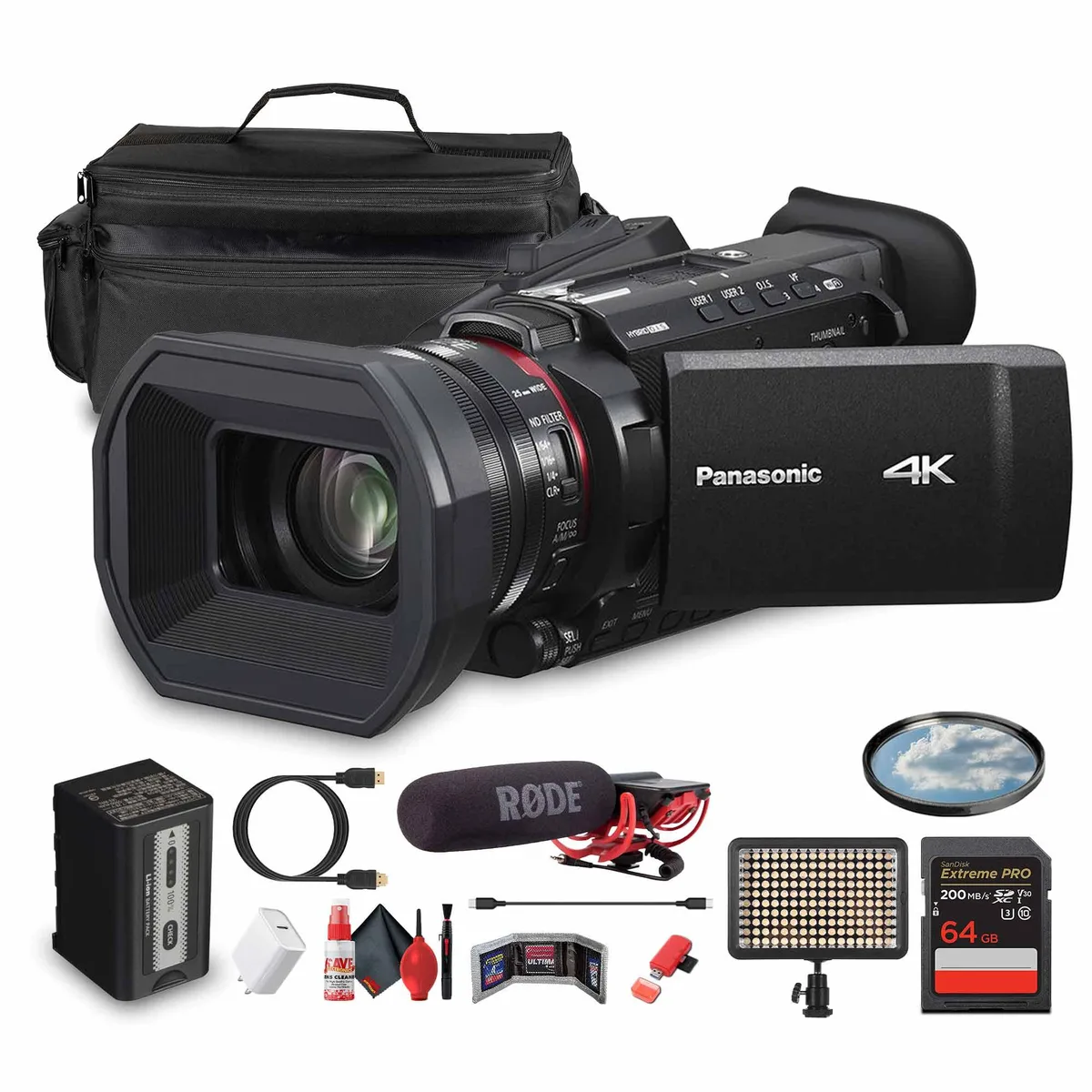 Black Panasonic HC-X1600 camcorder with accessories in padded case