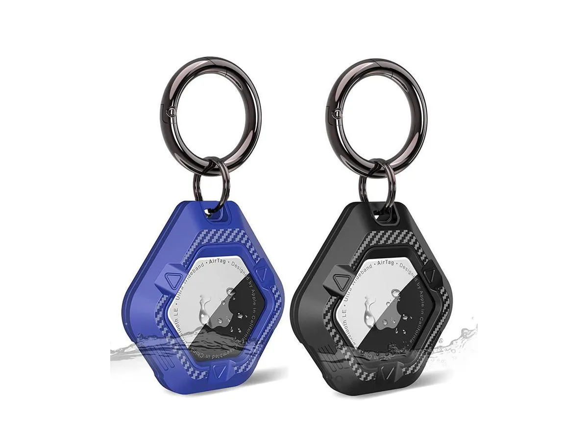 Two blue AirTag cases with carbon fibre texture and keychain loops