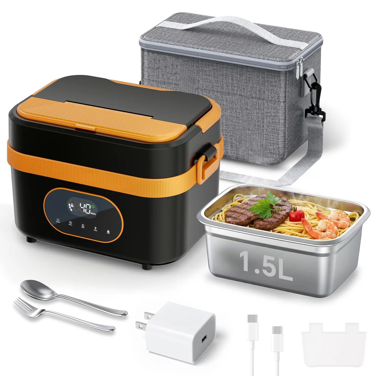 Rectangular heated food container with silicone finish and snap-on lid