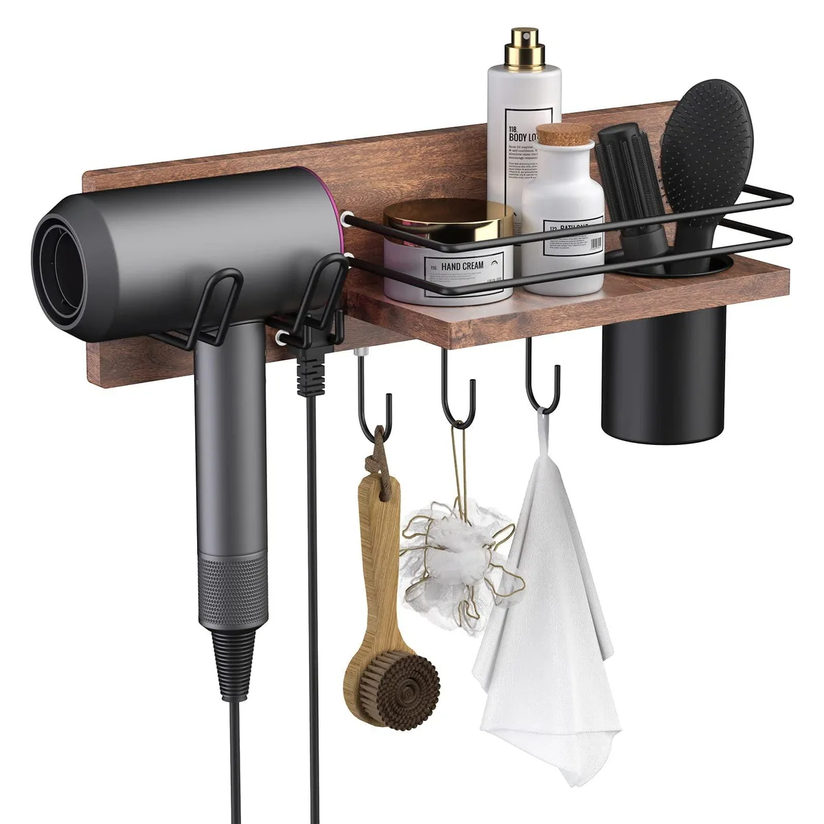 Dark wooden wall-mounted shelf with metal cup and hooks