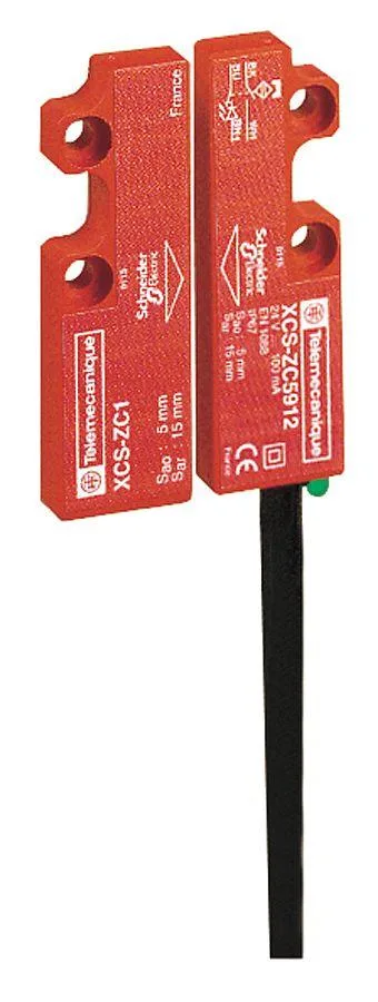 Small rectangular plastic safety interlock switch with pre-attached cable and LED indicator