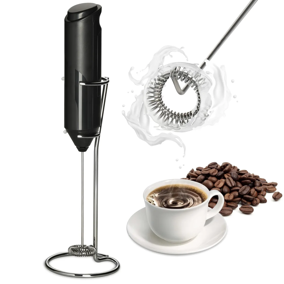 MAXI-MATIC Handheld Milk Frother with Stainless Steel Stand, Battery Operated, White — product photo