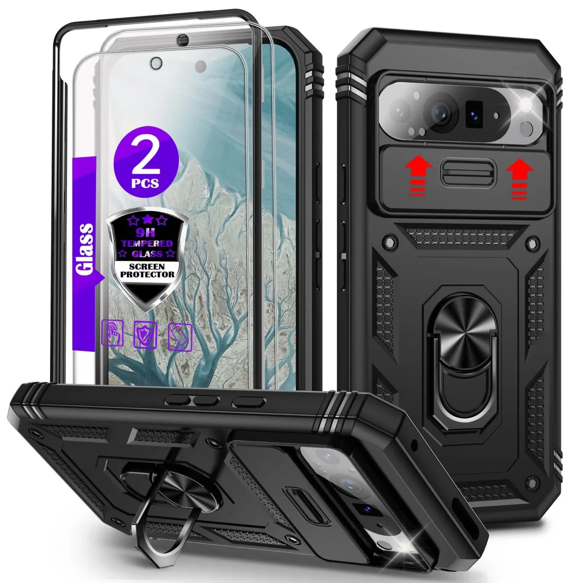 YmhxcY Pixel 9 Pro XL Case 6.8" Black with Camera Slider Kickstand 2 Glass — product photo