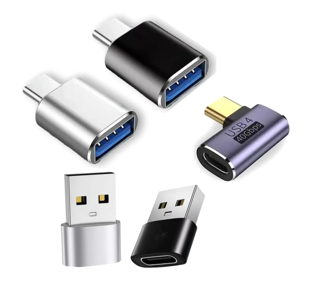 Five USB adapters with aluminium housings including right-angle USB-C connector
