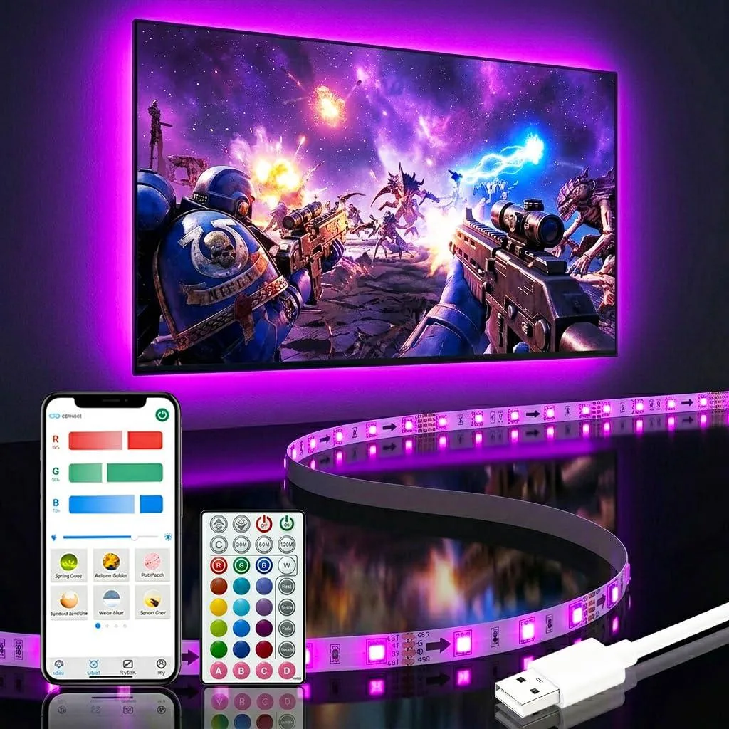 LED light strips in white finish with clear prismatic glass, USB powered, includes 32-key remote