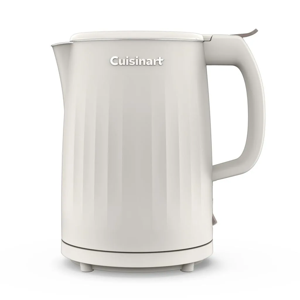 Truffle-coloured double-wall electric kettle with stainless steel interior and cord storage base