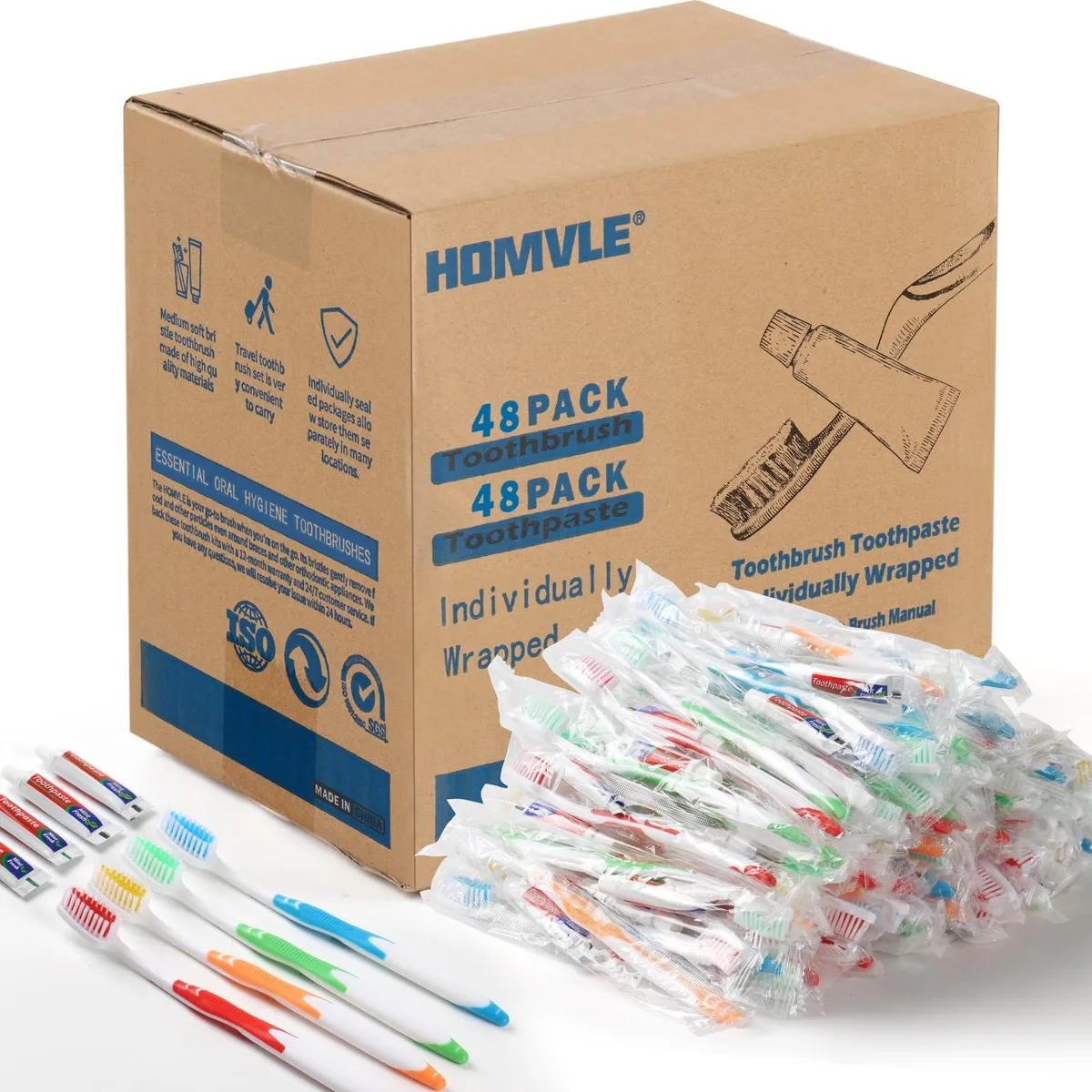 Forty-eight individually wrapped toothbrushes with toothpaste in four colours