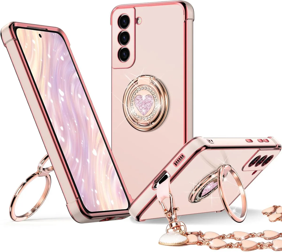 Pink Galaxy S22 case with rose gold edges heart ring stand and heart wrist strap