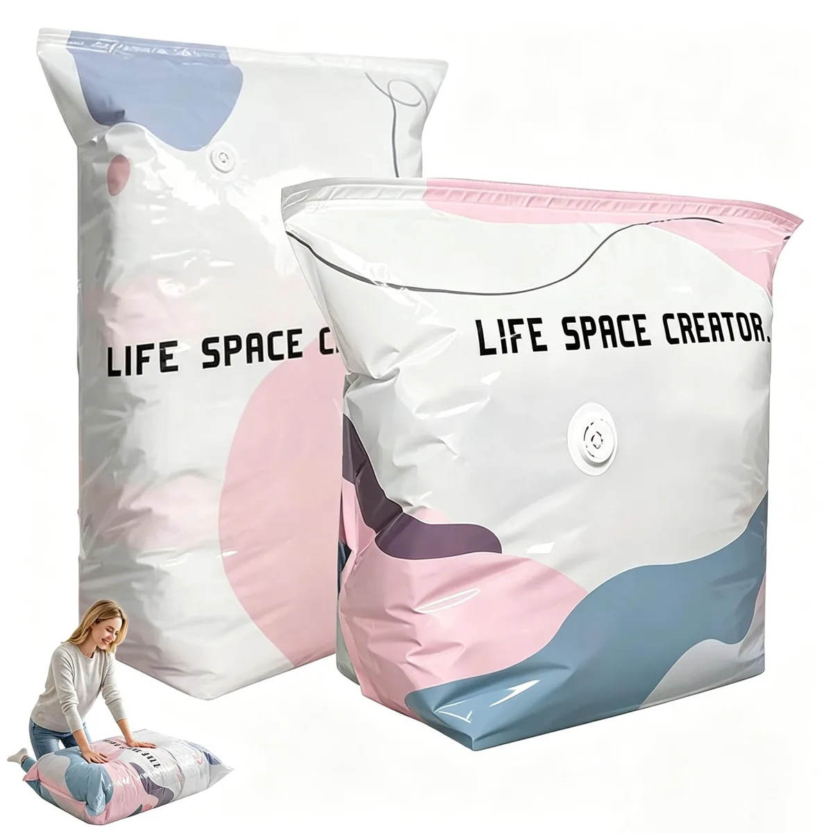 Two flat rectangular vacuum storage bags, translucent white with zip closure and air valve