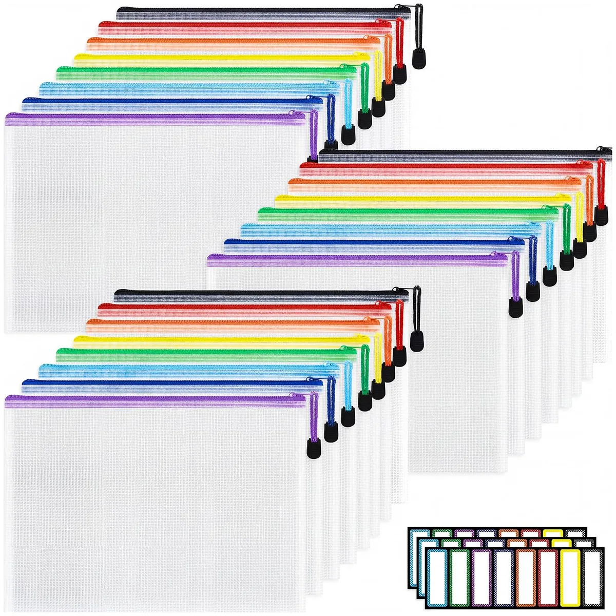 Twenty-four translucent mesh zipper pouches in eight colours with label windows, each slightly larger than A4