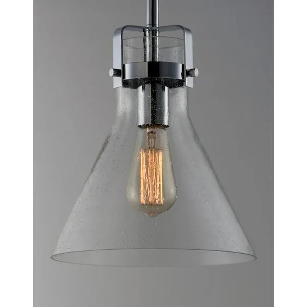 Polished chrome pendant with clear seedy glass cones in yoke frame