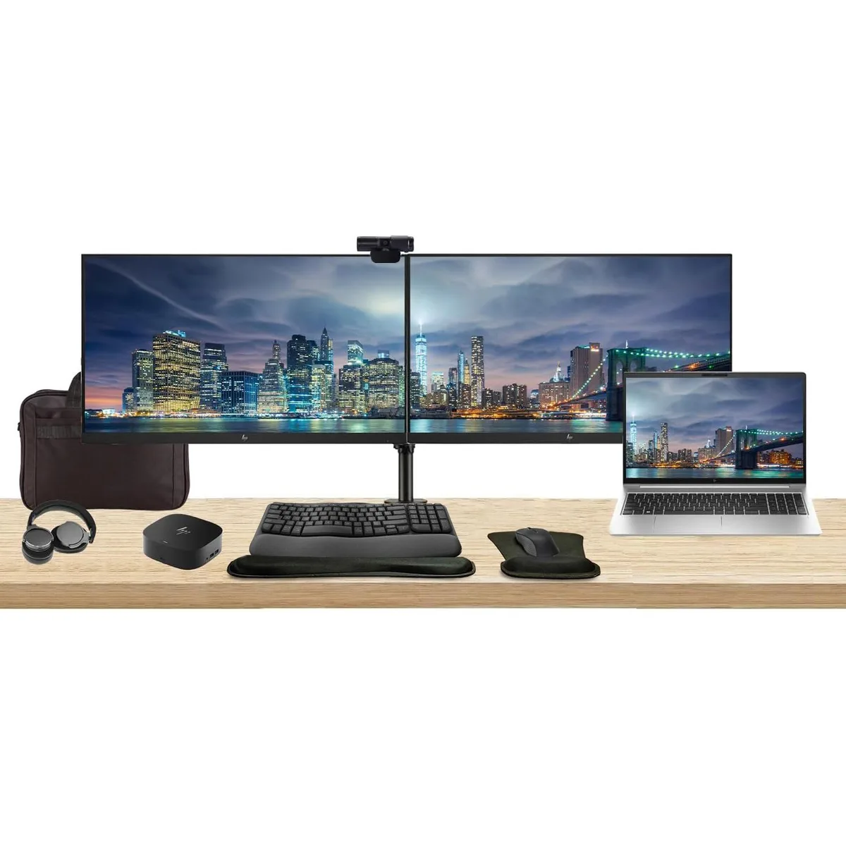 HP HP ProBook 450 G10 i7-1355U 16GB 512GB 15.6" bundle with 2×27" monitors, dock, peripherals, bag — product photo