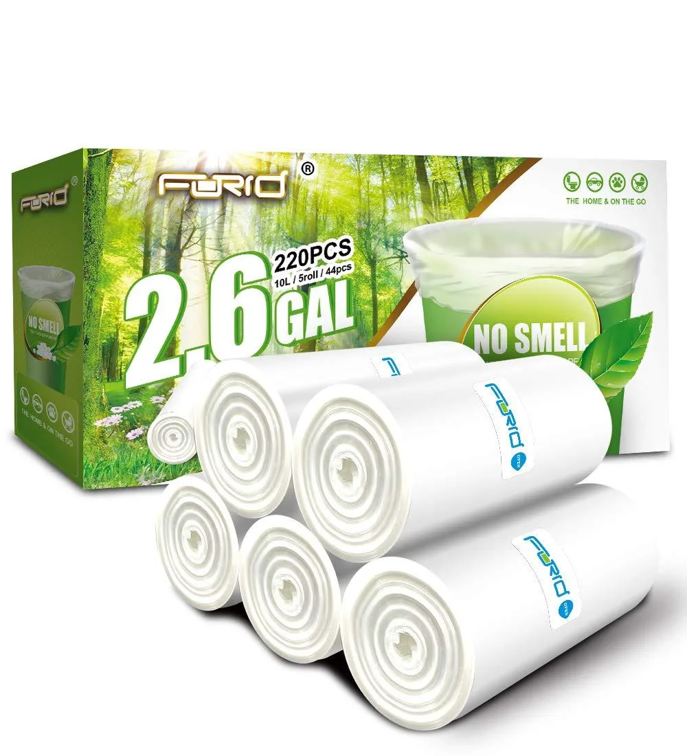 Box containing rolls of white 2.6 gallon compostable trash bags