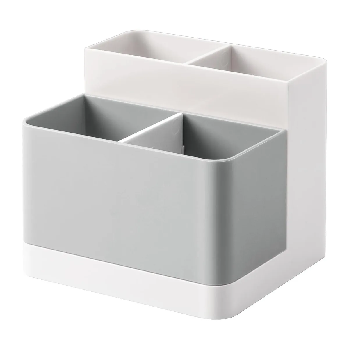 White and gray painted ABS desktop organizer with four compartments, two tall and two low, tabletop mount
