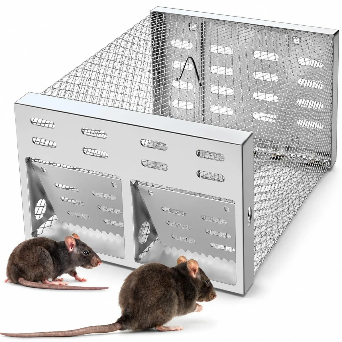 Galvanised steel cage trap with dual one-way doors